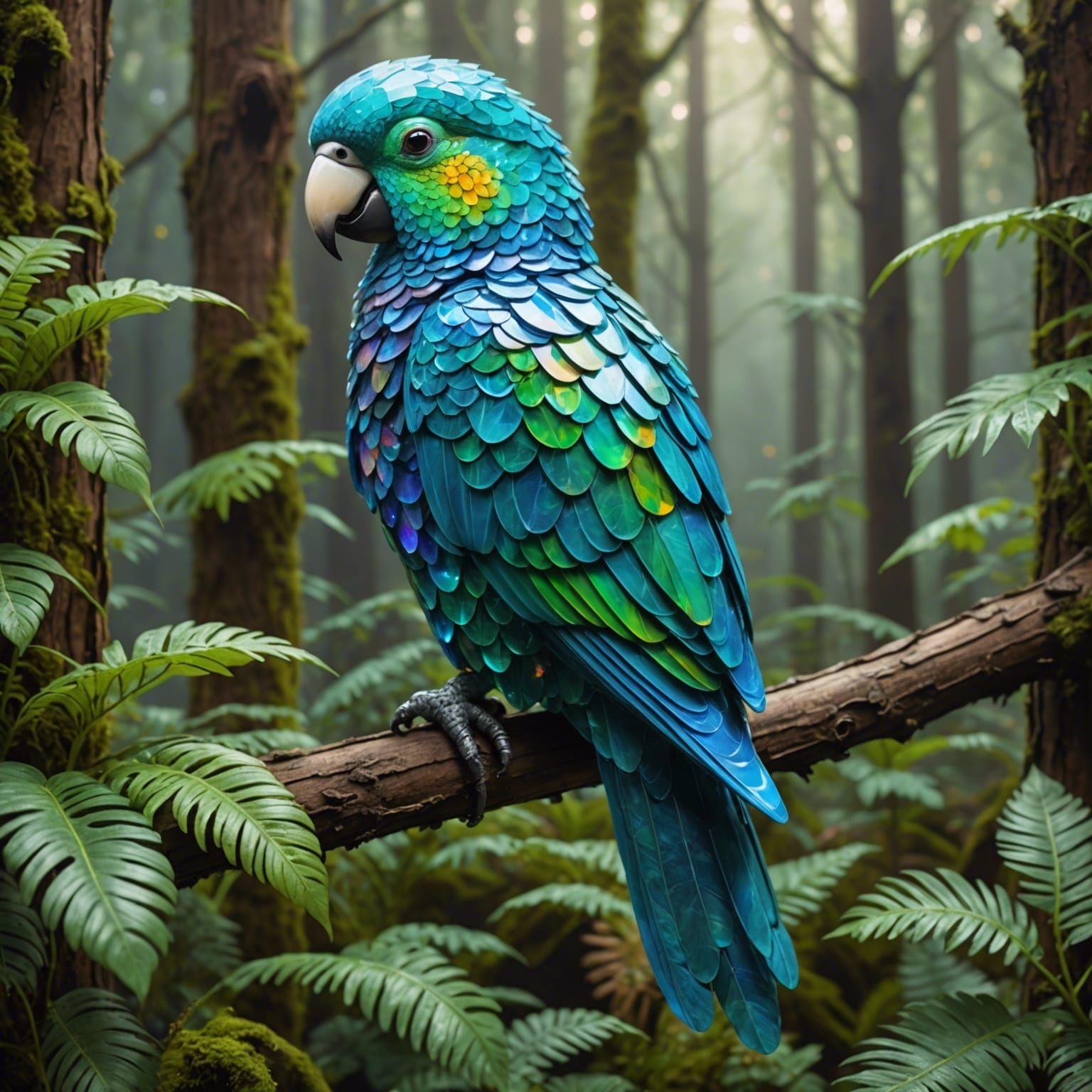Opal Crystal parrot in a forest a masterpiece, ethereal fant...