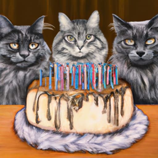 Three grey furry kitties with birthday presents and a chocol...