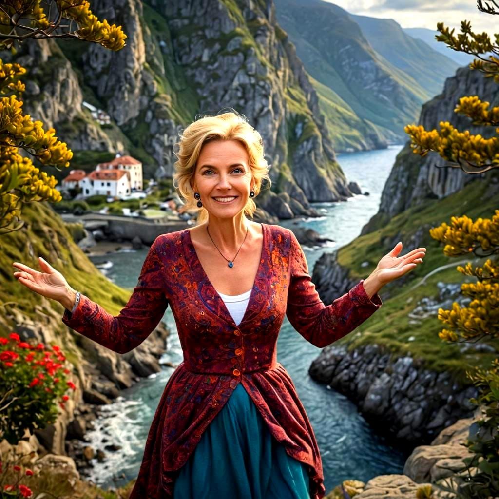 Charming Lady in Vibrant Landscape with Expressive Eyes