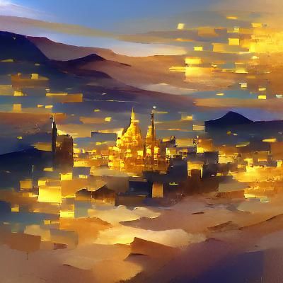 a golden city under a twilight sky