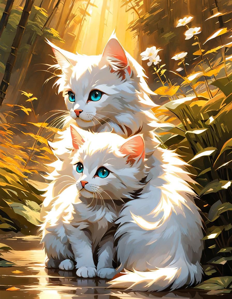 Chibi Kittens Snuggling, Oil Painting by Studio Ghibli