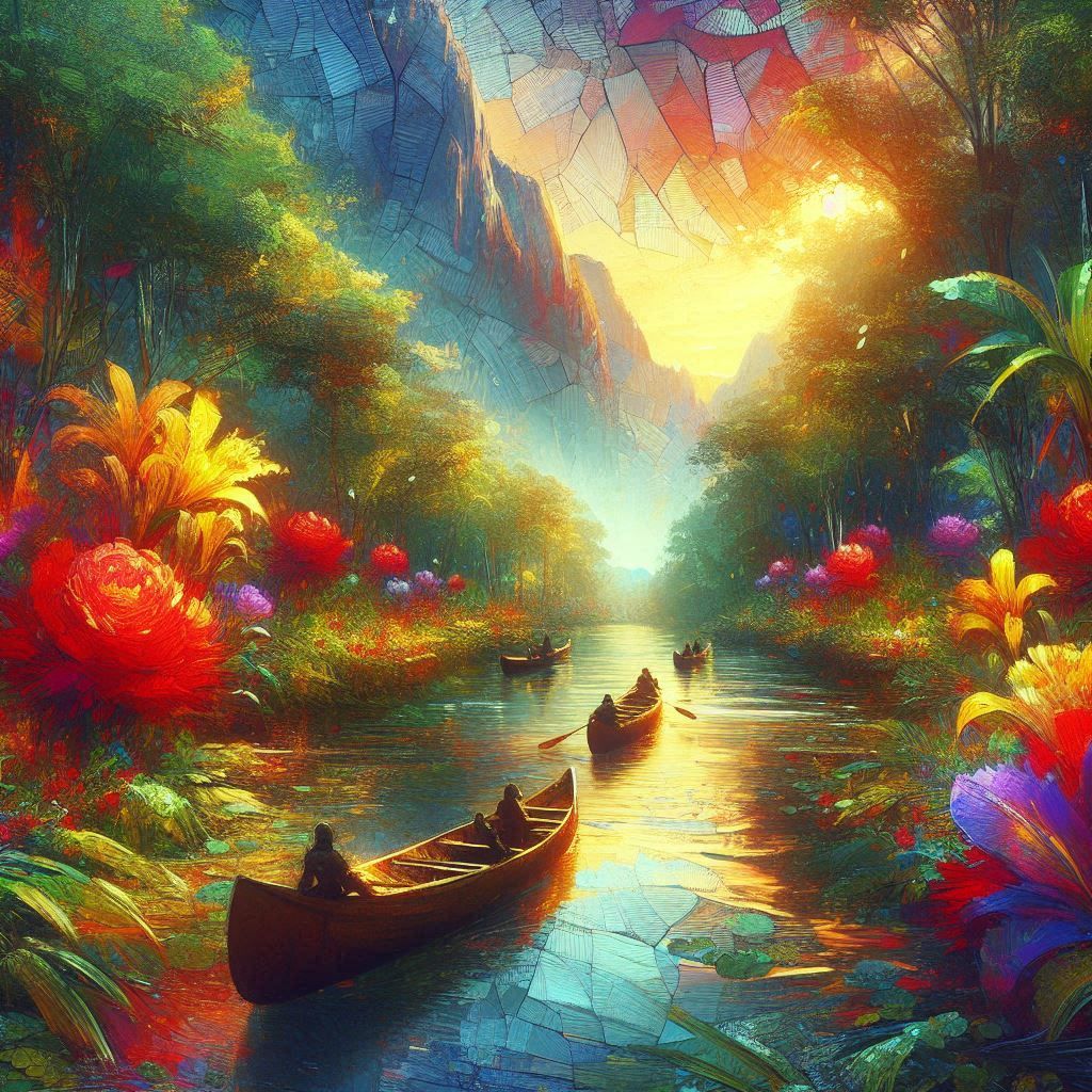 Canoe sailing down river