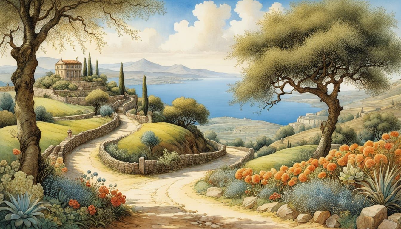 Greek Hill Landscape in Alcohol Ink Style