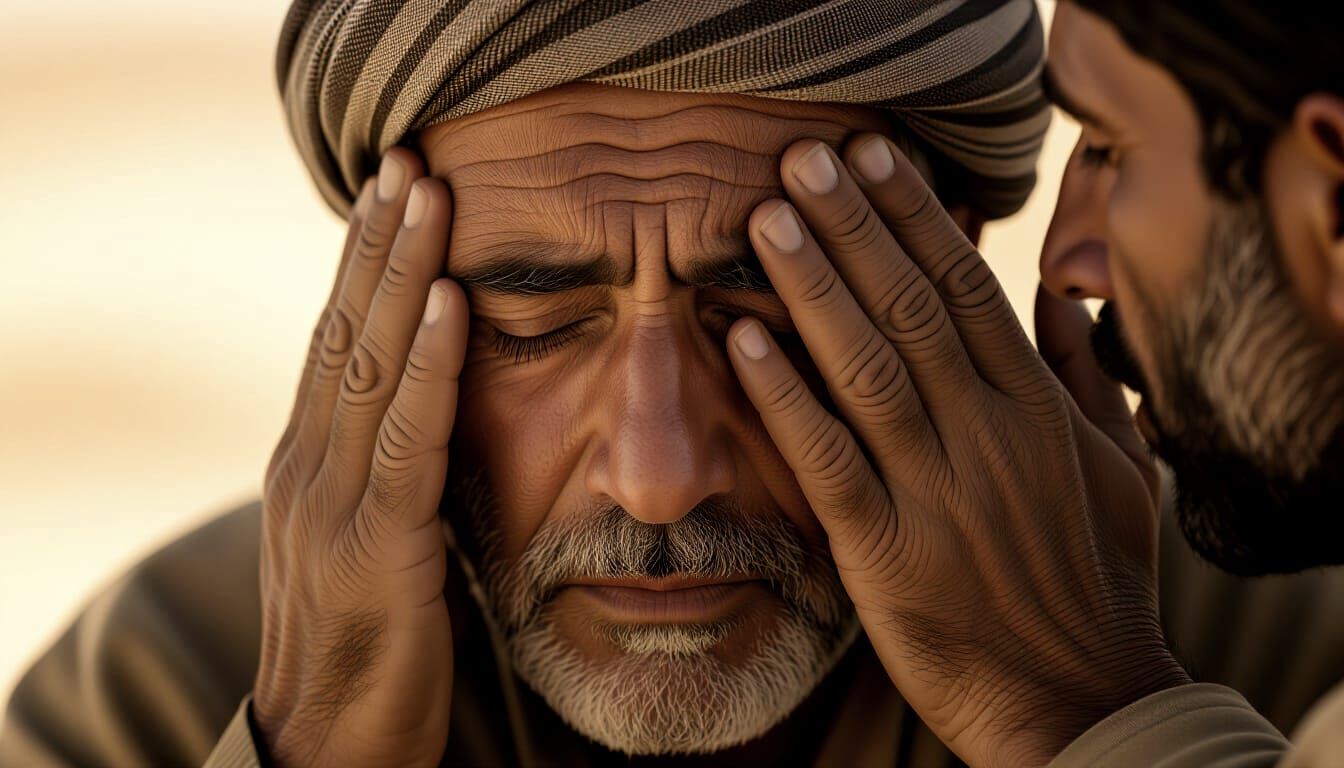 A close up of a weathered middle eastern man with his eyes closed. Another man's calloused hands are covering his eyes. Photo realistic