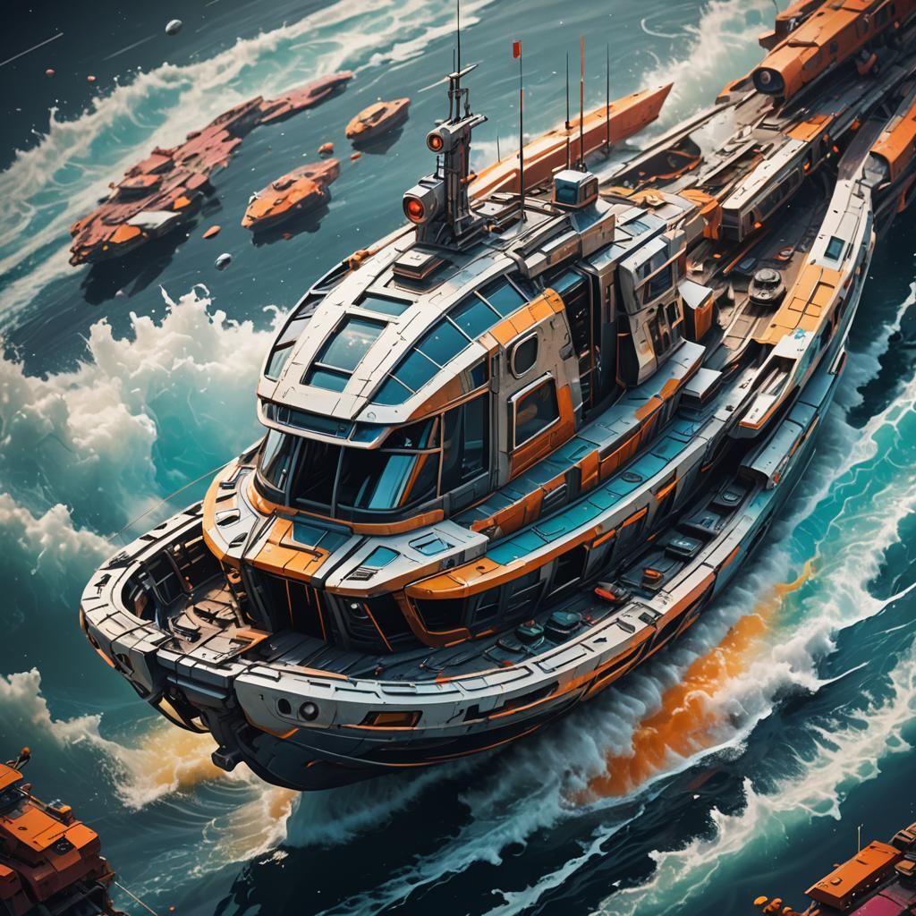 Make a creation of a boat which looks like a science fiction...