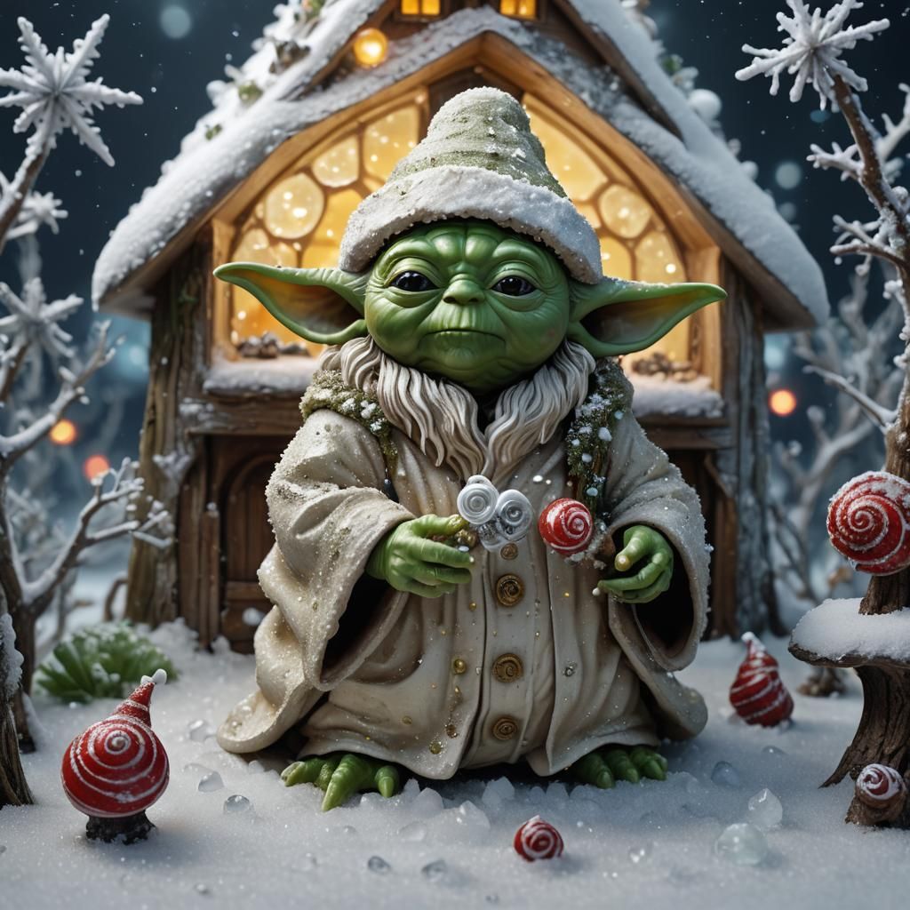 Yoda Santa Surrounded by Glowing Snowy Snail House in Intric...