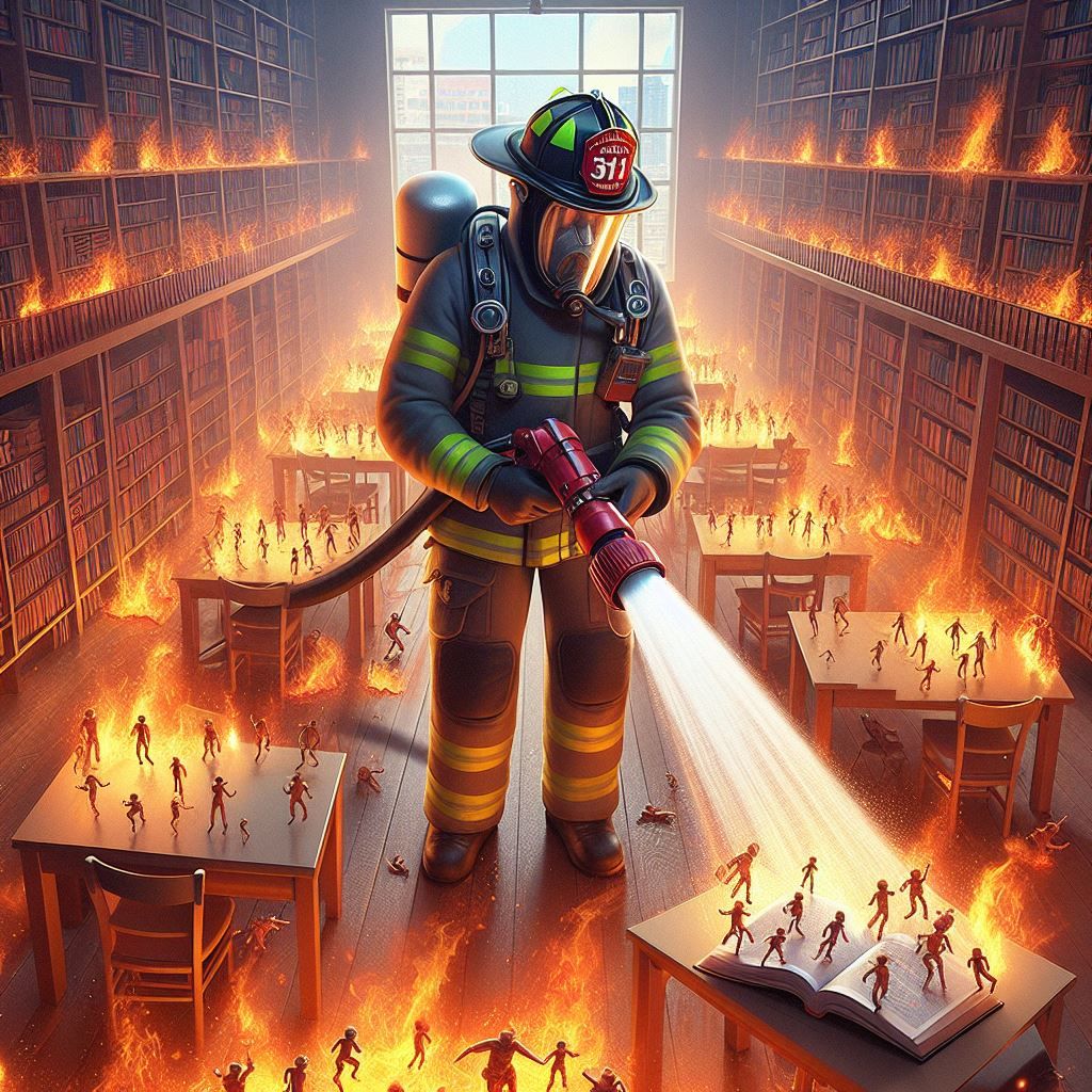 Firefighter putting out fires from tiny rampaging fire spirits in library