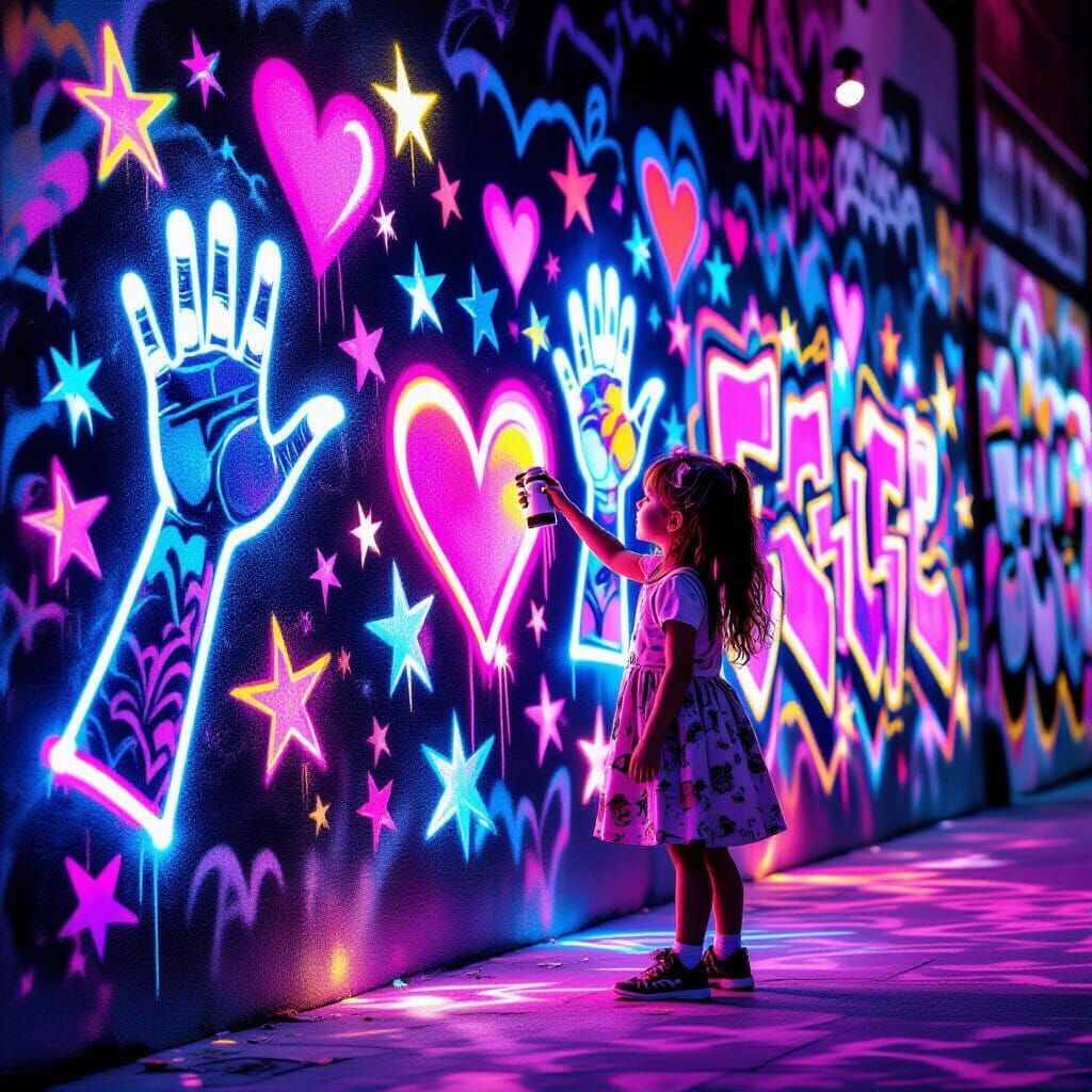 Girl Creates Vibrant Graffiti Wall With Glowing Shapes