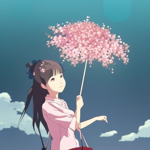 Japanese cherry blossoms floating down on a girl's umbrella