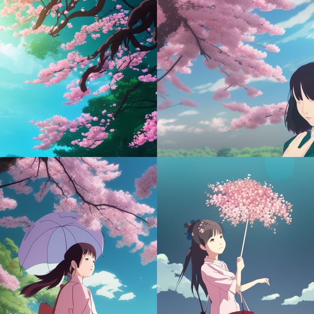 Japanese cherry blossoms floating down on a girl's umbrella