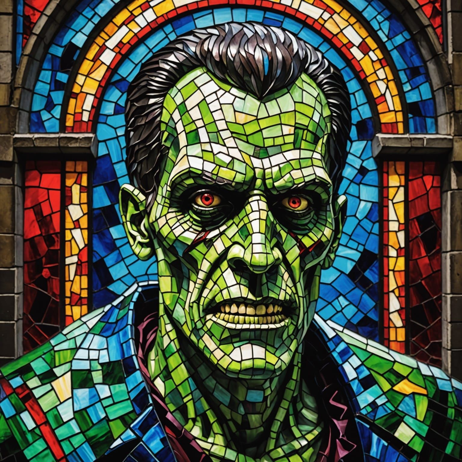 Gorgeous Epic stained glass mosaic of a bone chilling Frankenstein Monster, blood dripping from face. ...  by @Jas