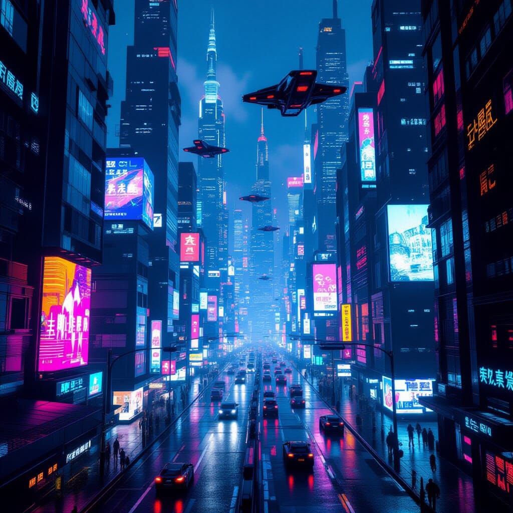 Cyberpunk Cityscape with Neon Skyscrapers and Flying Cars