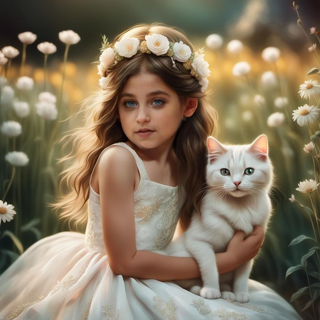 Little Girl in White Dress Smiling and Petting Her Small Whi...