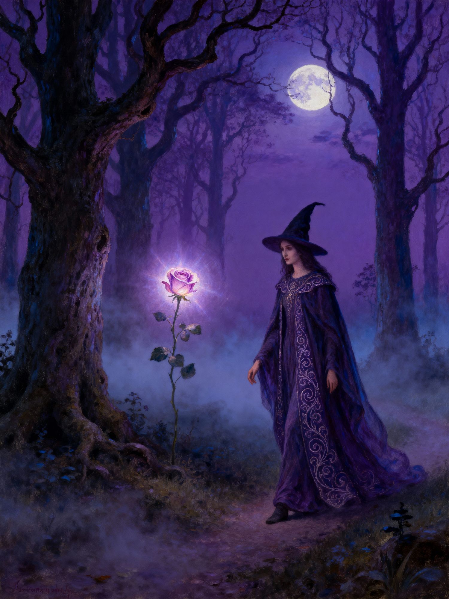 A lone witch walks through an enchanted forest at twilight....