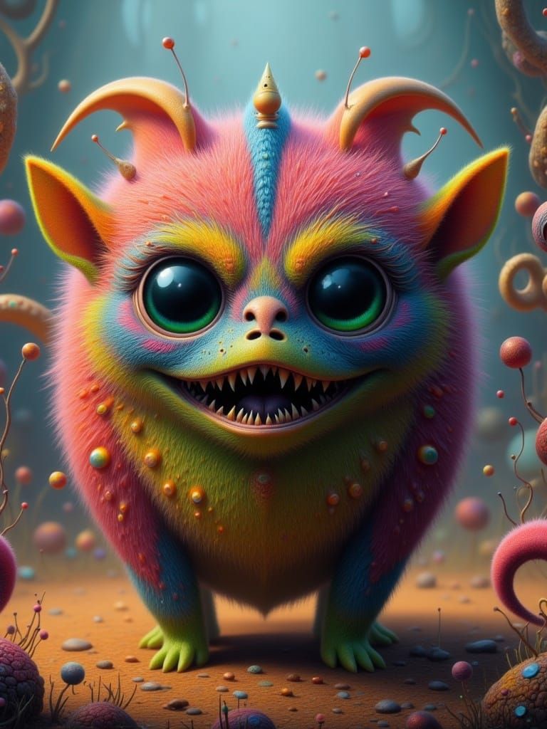 A cute grumpy monster, detailed, cinematic fantasy <lora:Whimsical alien Flux:1.0> 