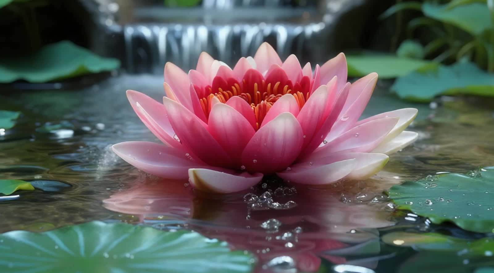 In extreme slow motion a miniature waterfall gently cascades into a pool on a magnificent lotus blossom . The lotus swir...