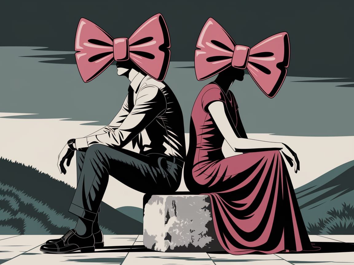 Surrealist Couple Seated Back-to-Back Under Pink Bows