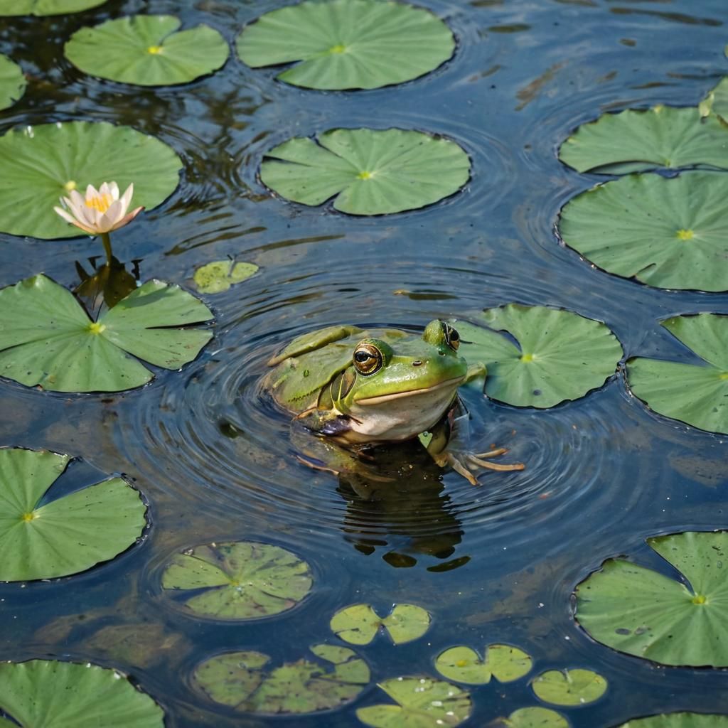 A lively scene of a frog mid-leap across a lily pad-filled p...