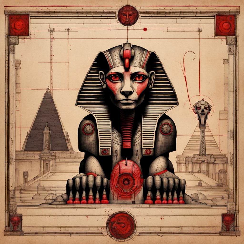 A black and red graphite and ink sphinx.