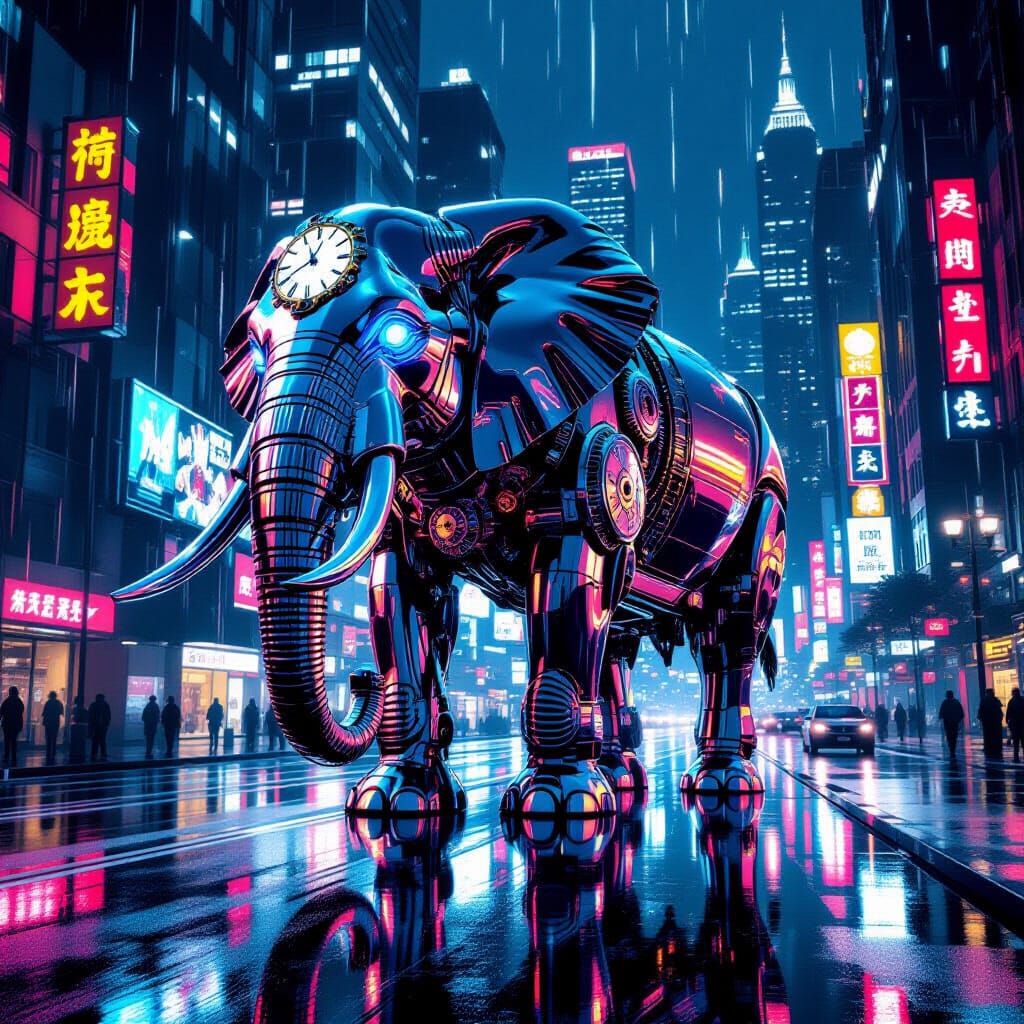 Chrome Elephant in Neon City at Night