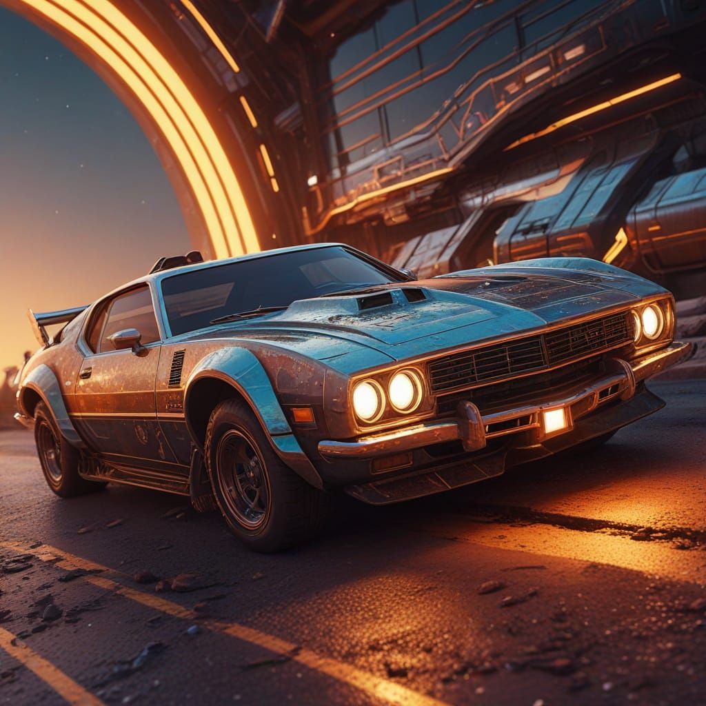 Vibrant Sci-Fi Car and Spaceship in Golden Hour