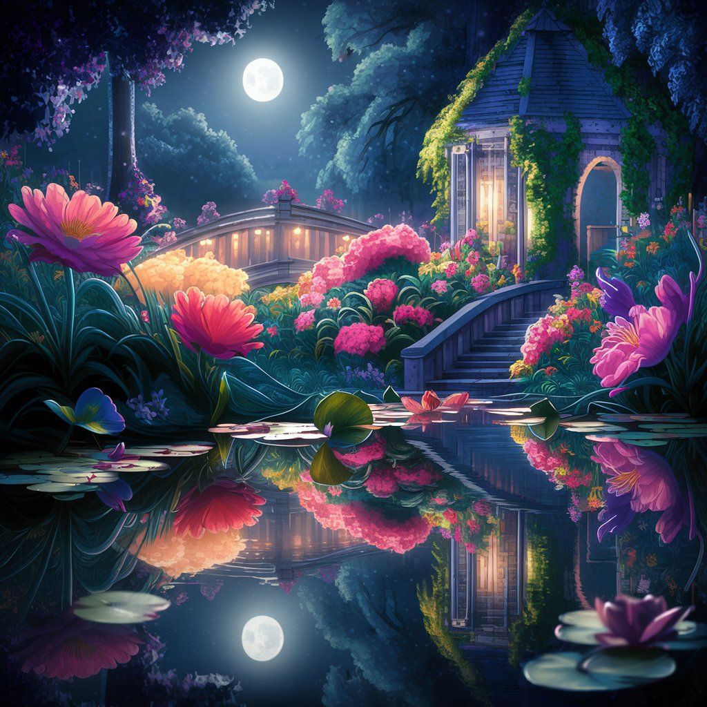 Moonlit Blooms: Reflections in the Tranquil Pond