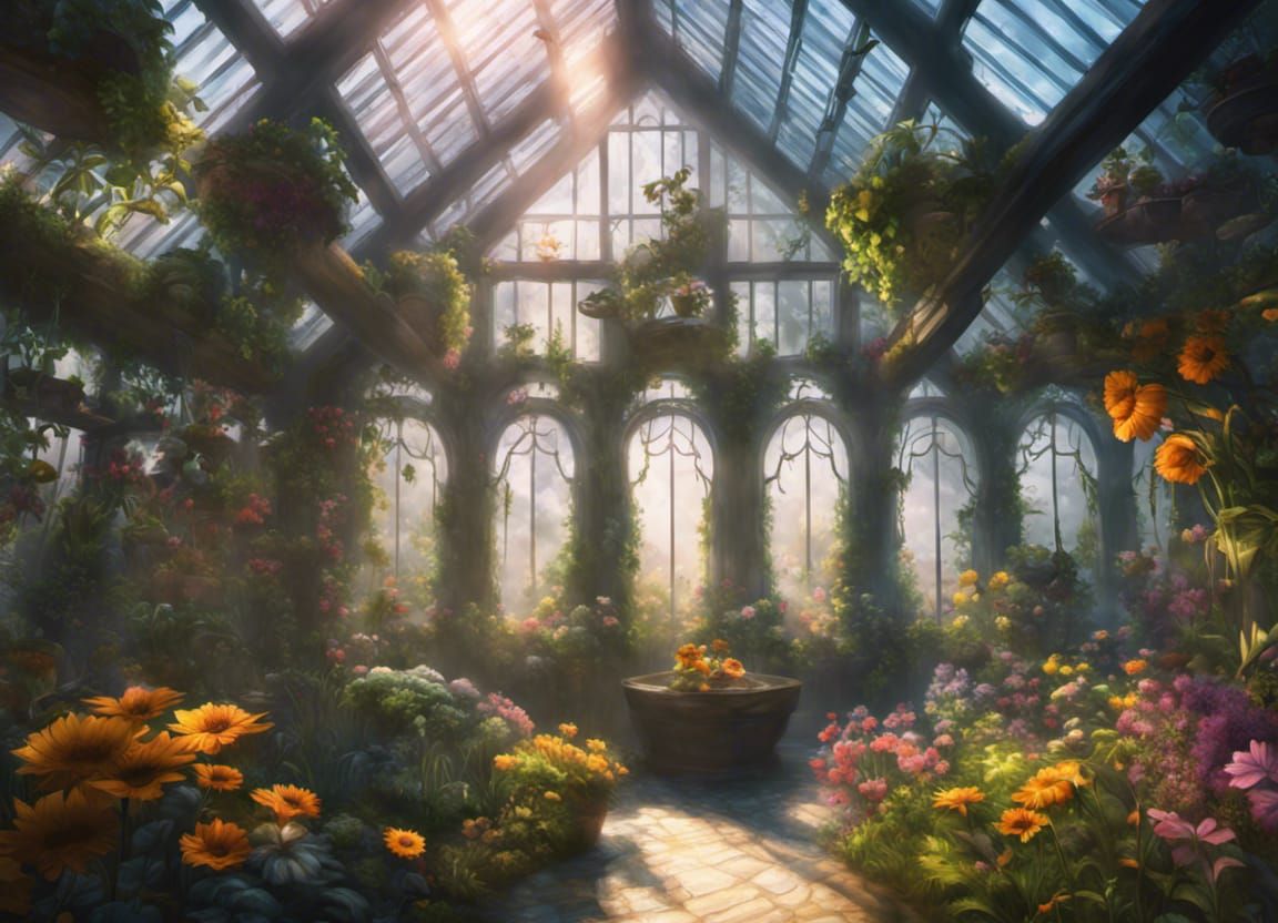 misty solarpunk greenhouse - AI Generated Artwork - NightCafe Creator