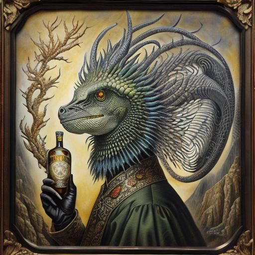 (hyperrealist:1.5), alcohol-ink grisaille, (cryptozoology:1.2) hierophant debutante, Tjalf Sparnaay, 16k resolution, Michael Cheval, mountai...