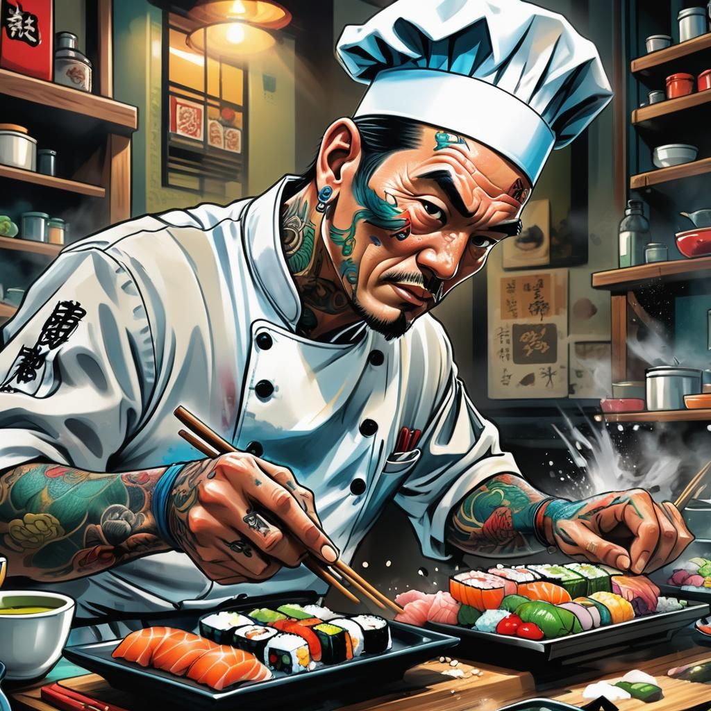 Chef, earrings, tattoos, making sushi