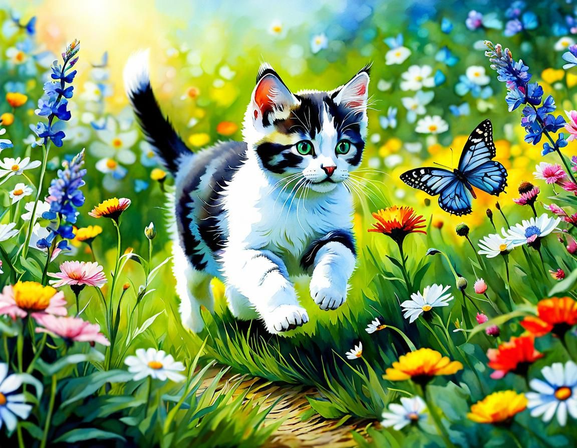 Aquarelle, white and black kitten running through flowery meadow  by @tsahel