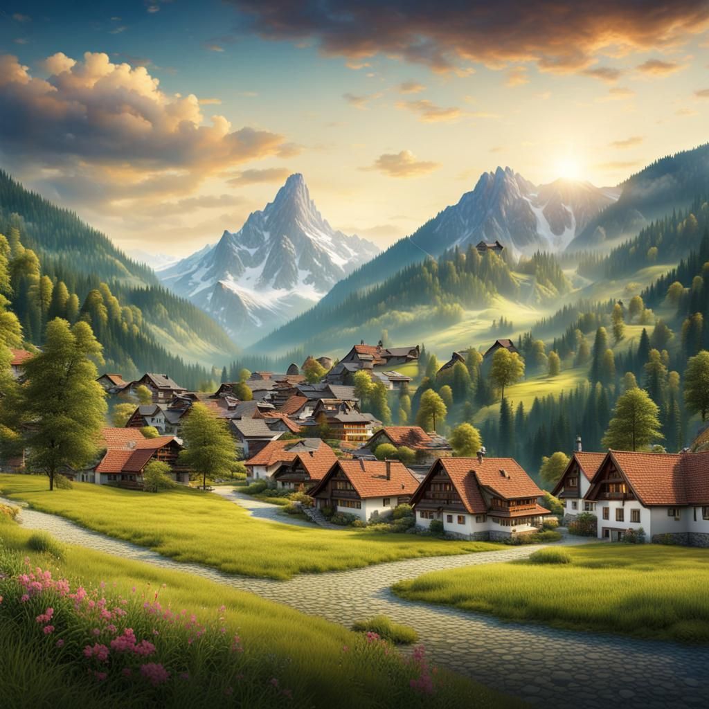 a view of a town with a mountain in the background, beautifu...