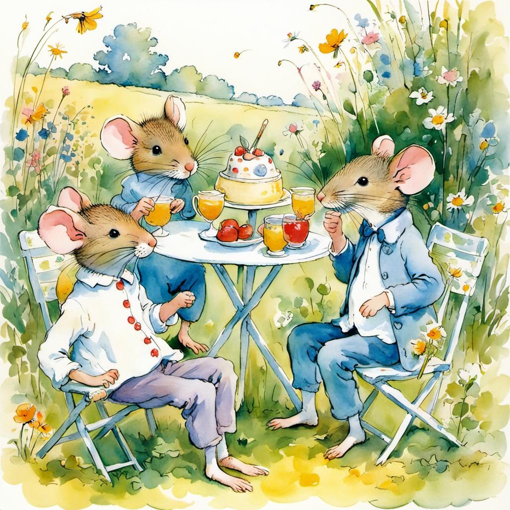 The cute little mice celebrate a garden party, by Quentin Bl...