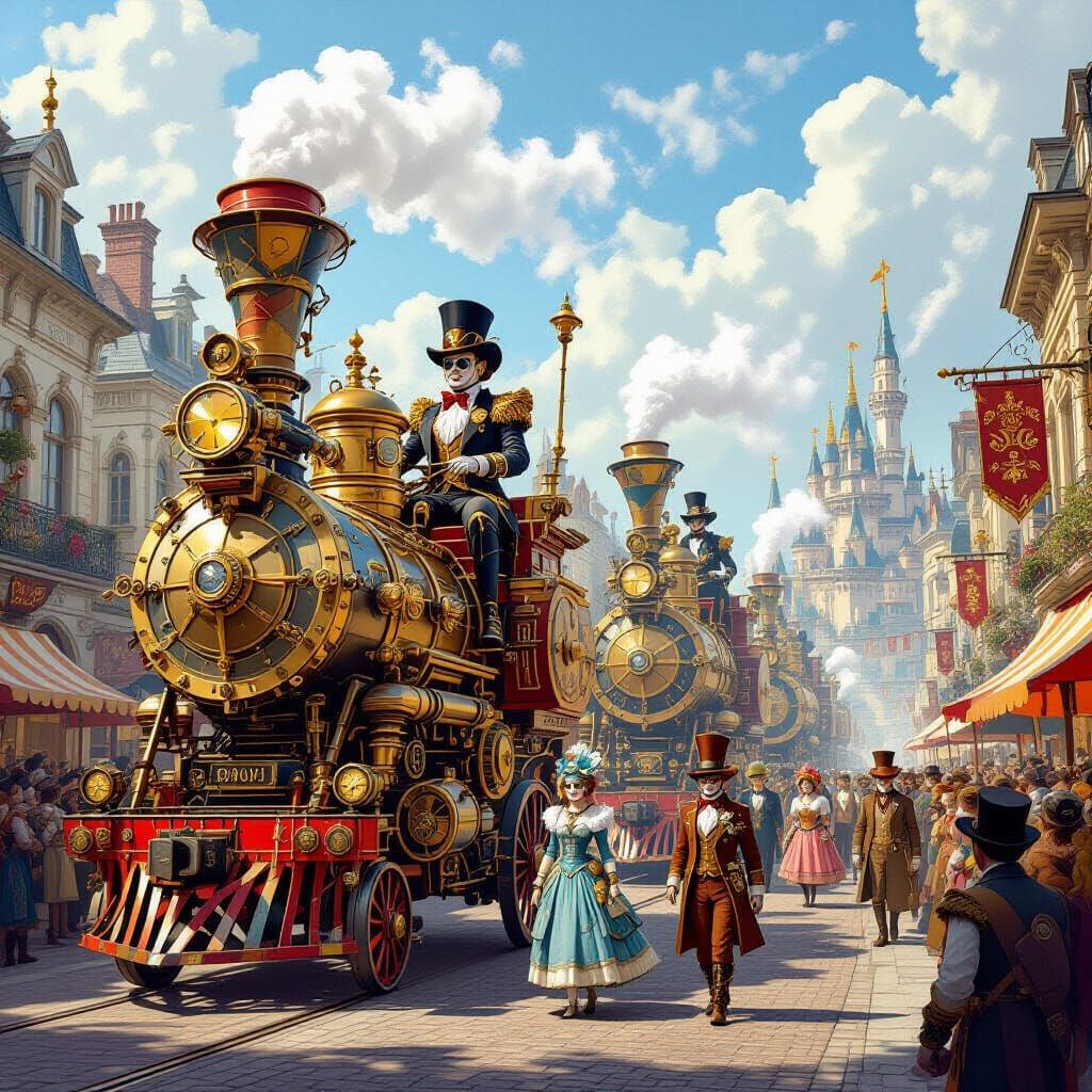 A grand procession for 'Clockwork Carnival Day', featuring elaborate steam-powered floats shaped like mythical creatures and automatons. Cit...