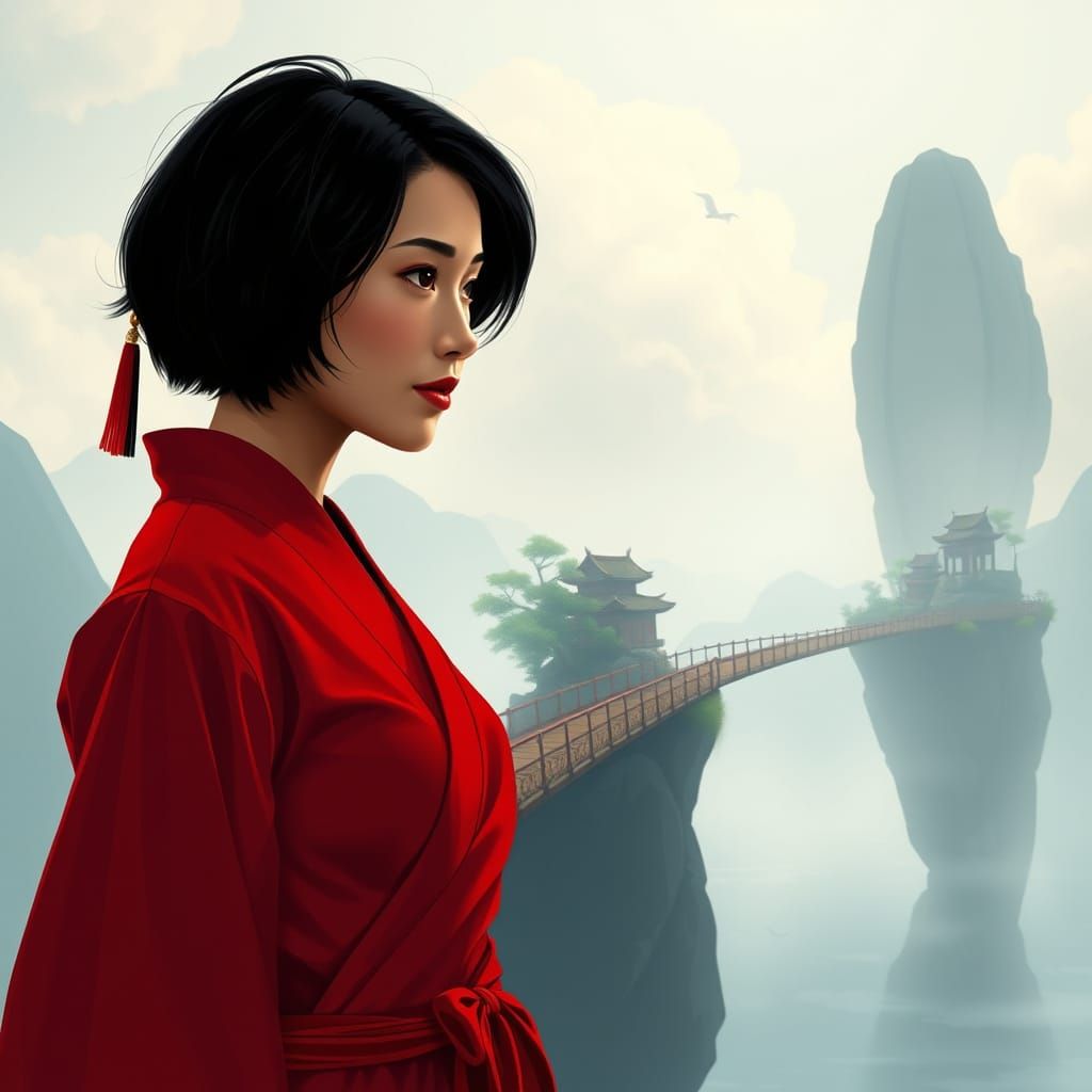 Thai Kunoichi Silhouette on Bridge Between Floating Islands