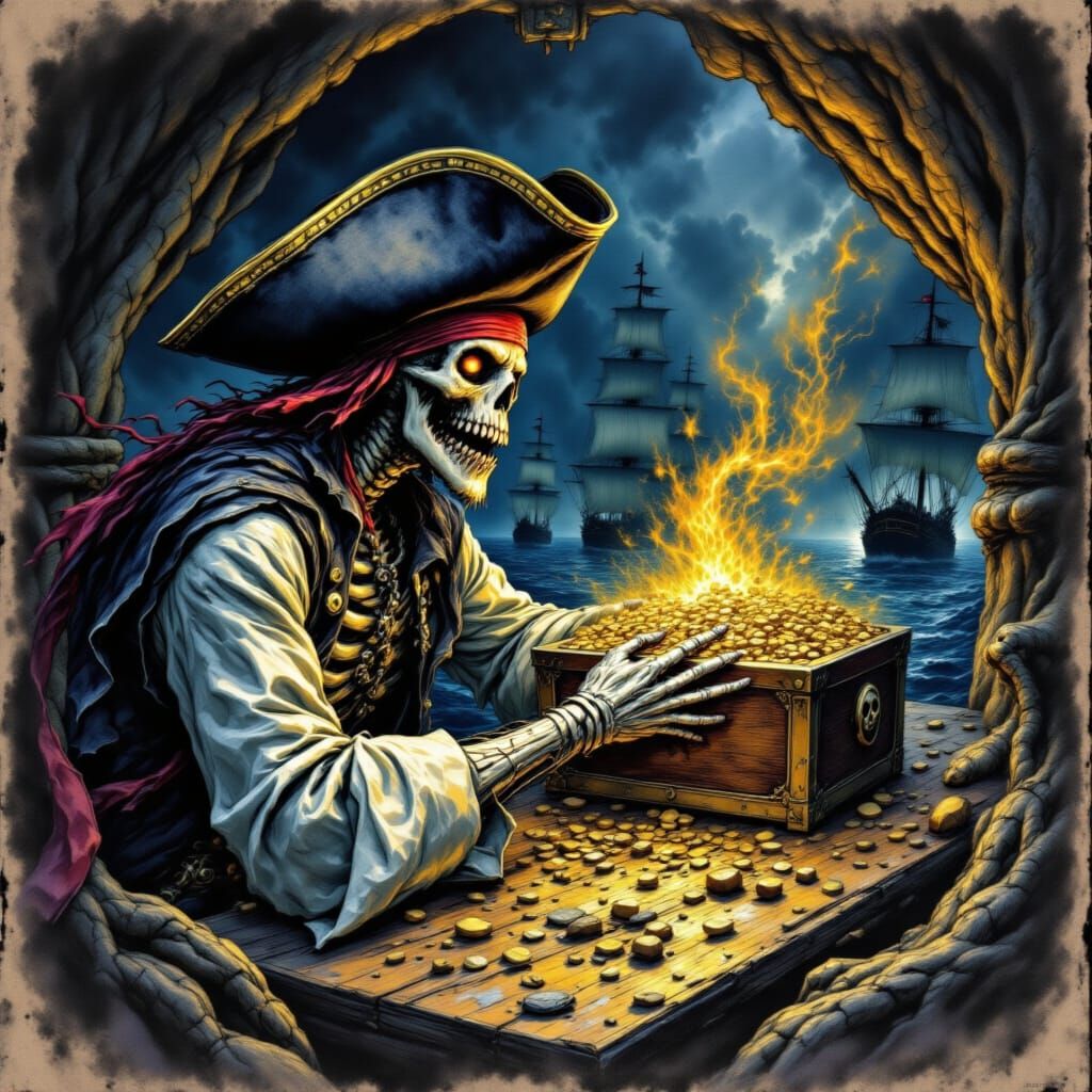 <lora:Davy Jones Locker:5.0> a grainy pirate skeleton clutching his Treasure chest on a navigation table, ornate with the text, (Text: "Davy...
