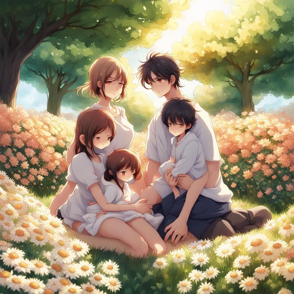 Anime-style family portrait with parents and 4 children on Craiyon