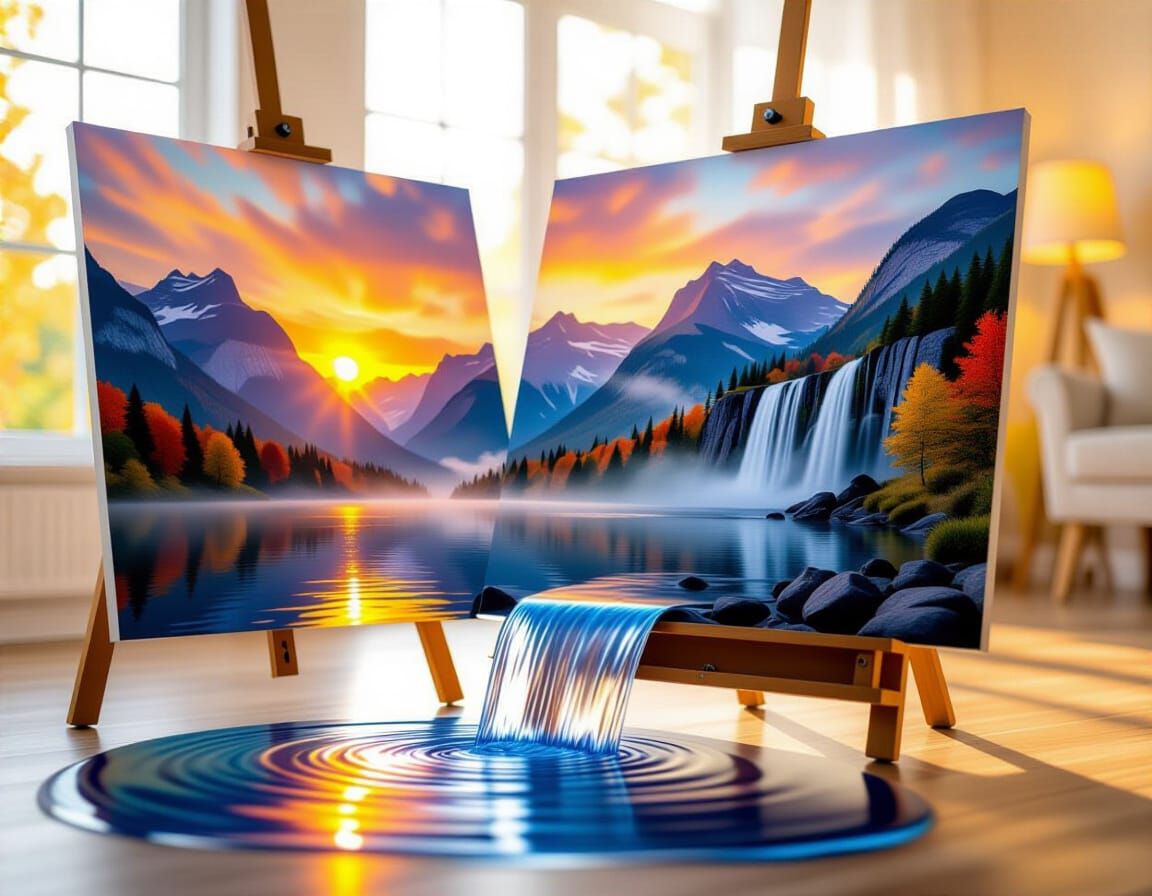 realistic close-up view of the painting on the stand in a beautiful bright room in the colors of an autumn sunset: landscape with thick fog ...