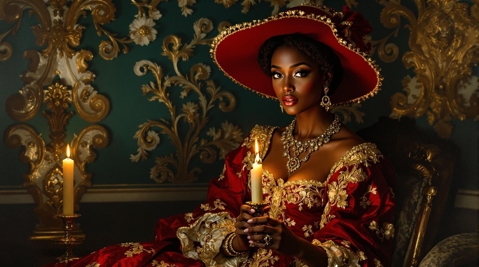 half-body painting portrait in the Rococo style that depicts a painting of beautiful dark skin  Chilean ...  by @Ramiraux