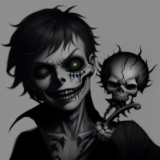 Peter Pan, a twisted smile, showing a skull tattoo. His once...