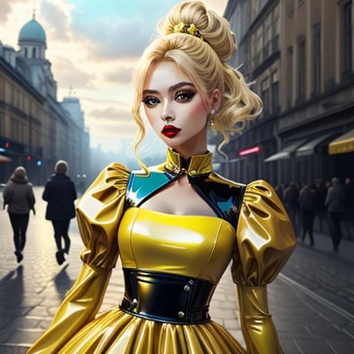  <lora:Portraits realistic:1.0> yellow latex dress