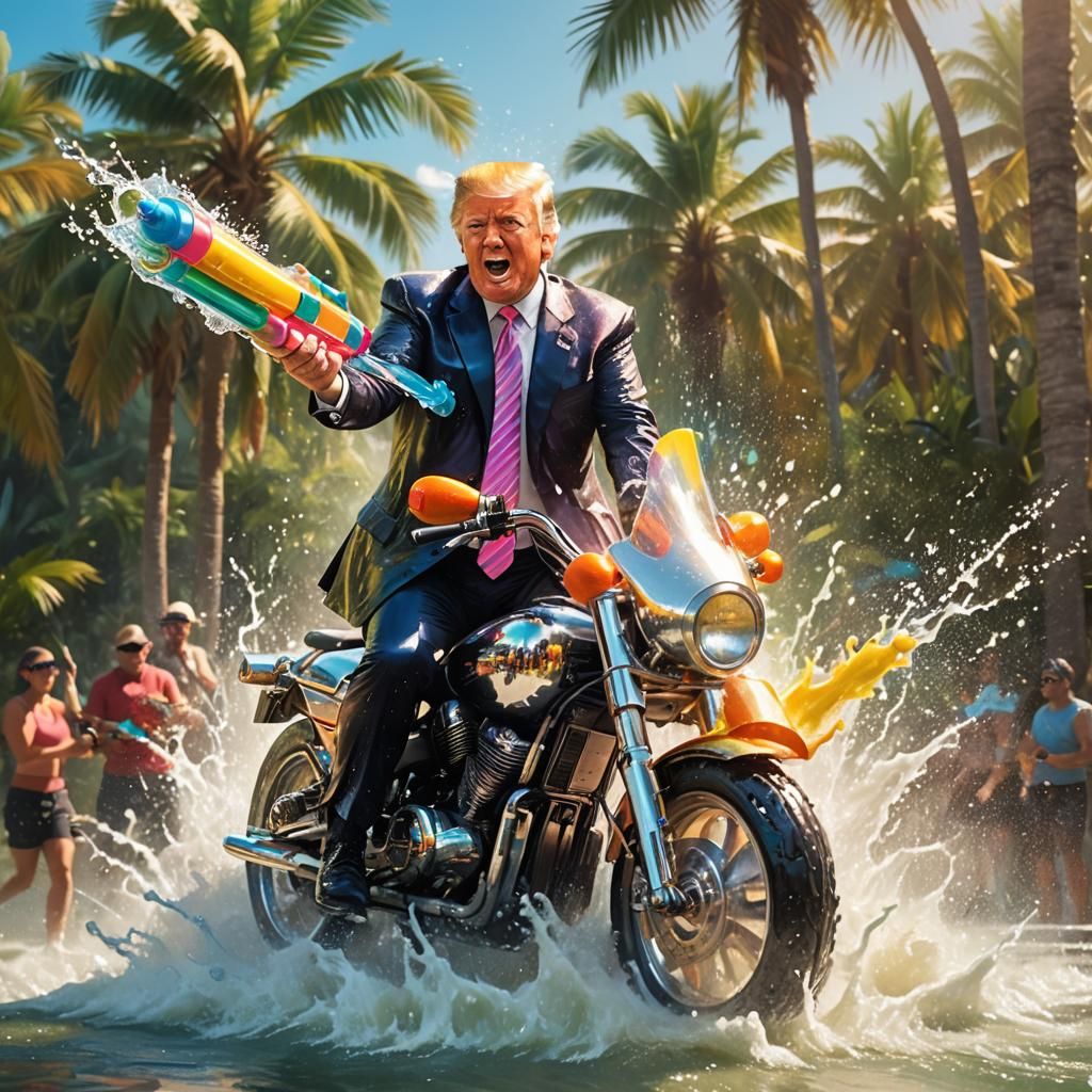 DONALD TRUMP riding a waterjet and shooting a water gun like...