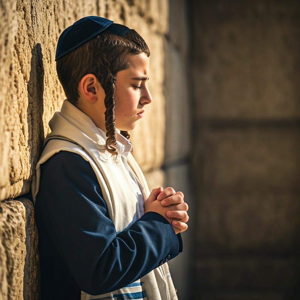 Orthodox Jewish Boy in Prayer Beside the Western Wall