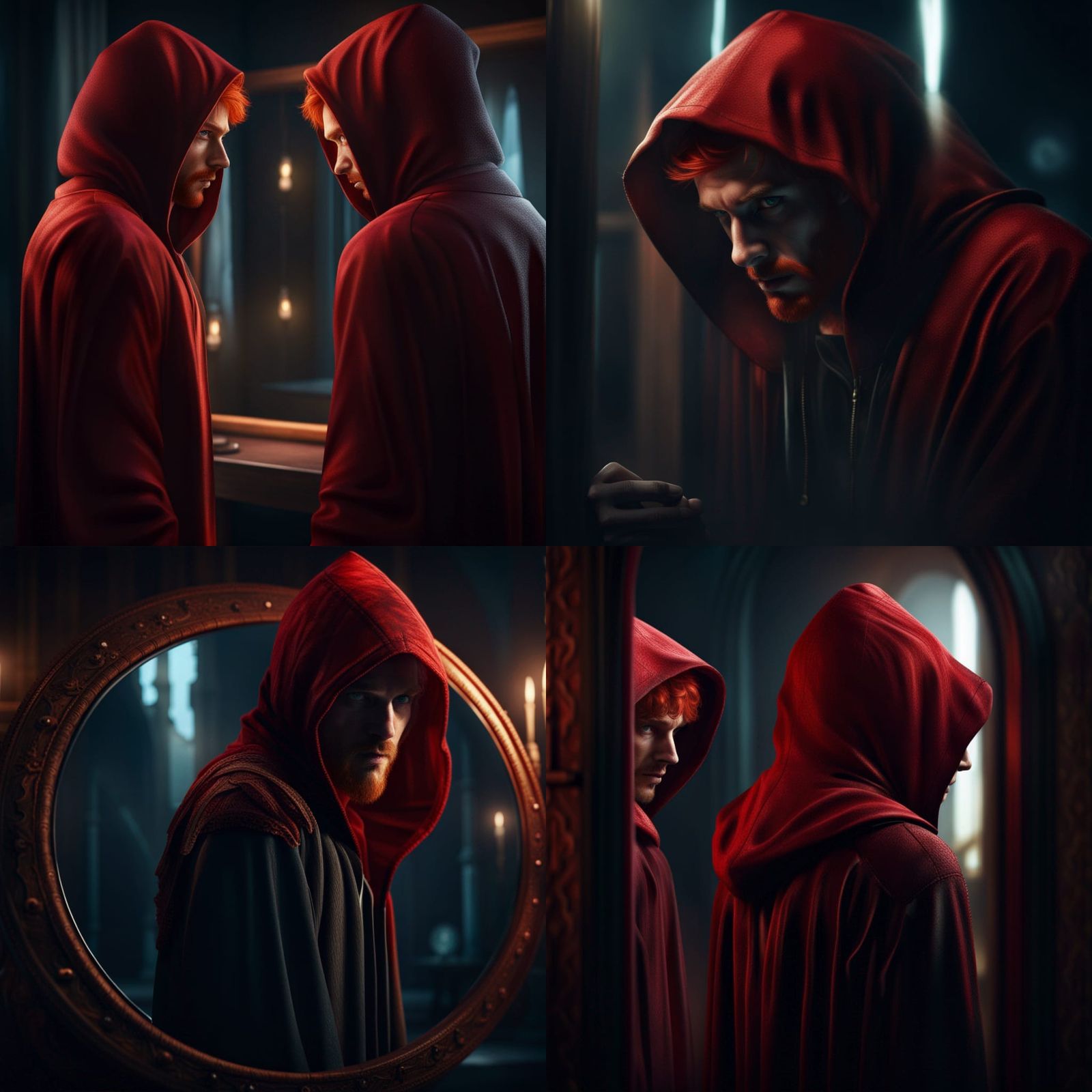 A red haired hooded man looking in the mirror seeing his sha...