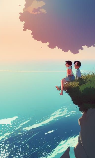 A boy and a girl on the hill jumping in the ocean on the sea...