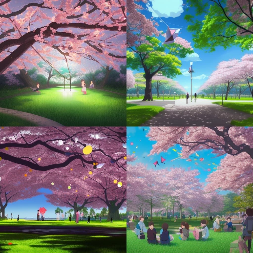 Cherry Blossom Park with Kites: Studio Ghibli Anime