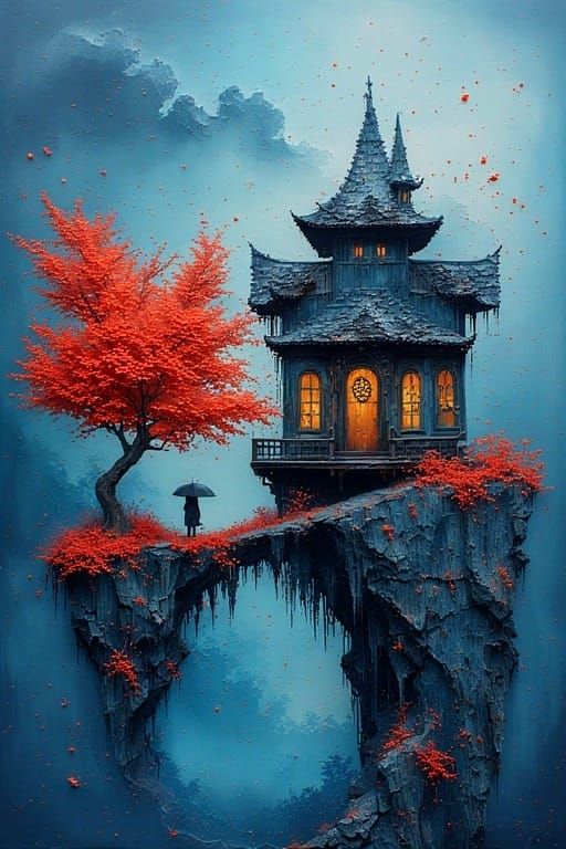 Surreal landscape of a ruined house perched on a cliff