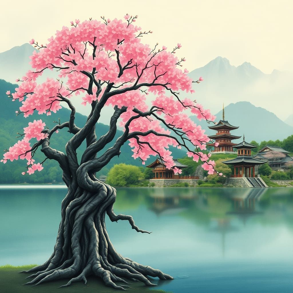 Sakura Tree Blossoms Reflect on Lake in Japanese Art