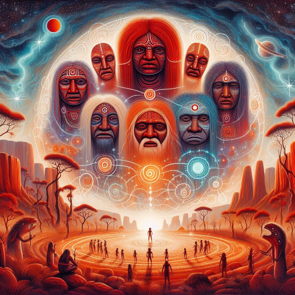 Tribal dreamtime art of Uluru and the 10 Ancestral Spirits.