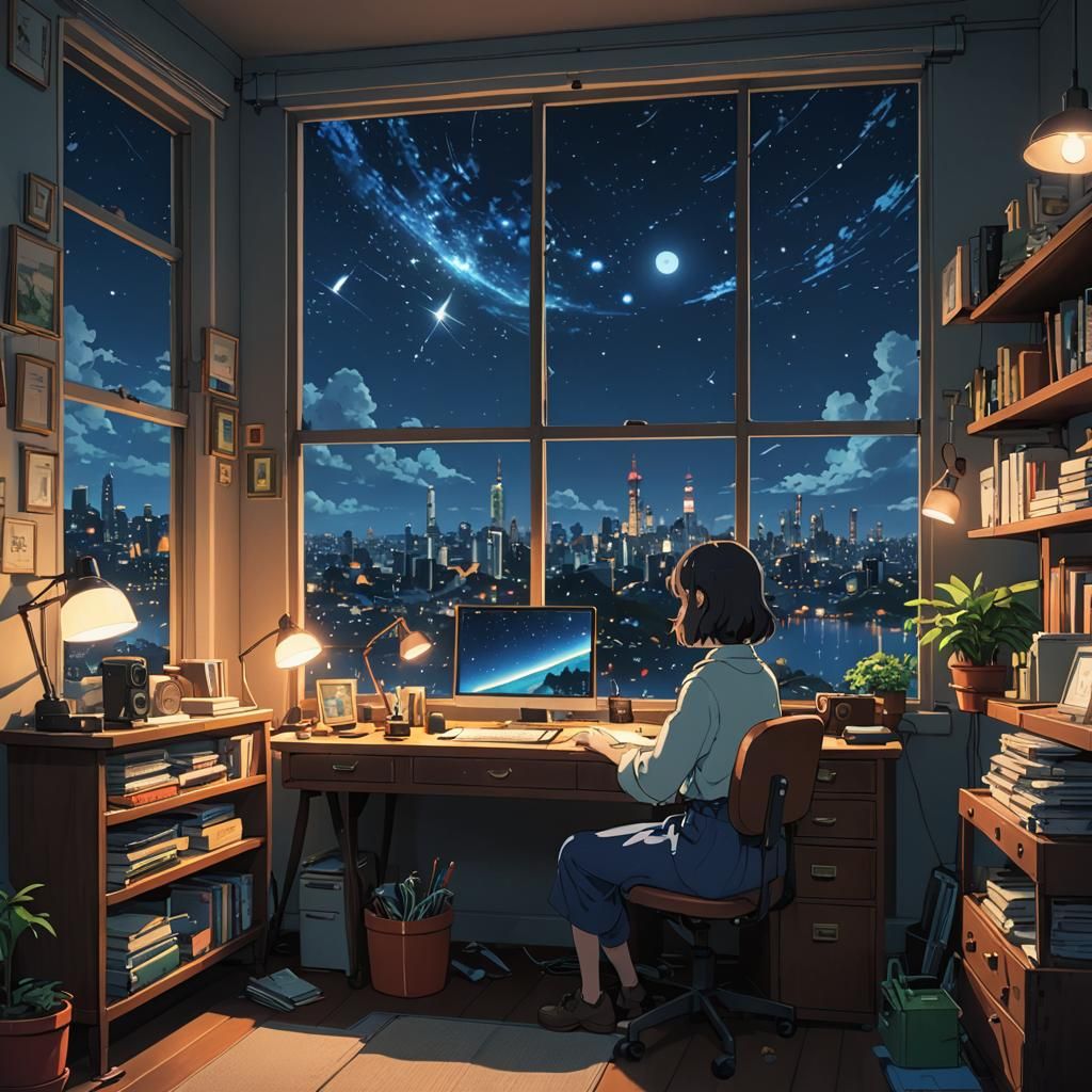 LoFi study girl, desk, bedroom window, stars, night, compute...