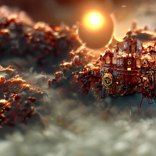 A steampunk world with a giant clock as a sun, realistic, st...
